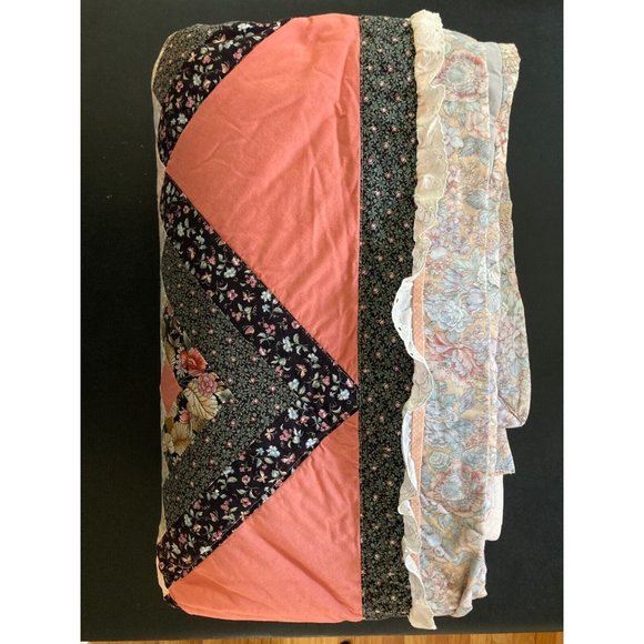 Vtg Handmade Cotton Patchwork Quilt Salmon Multicolor Bedspread- SZ Full - Picture 2 of 8